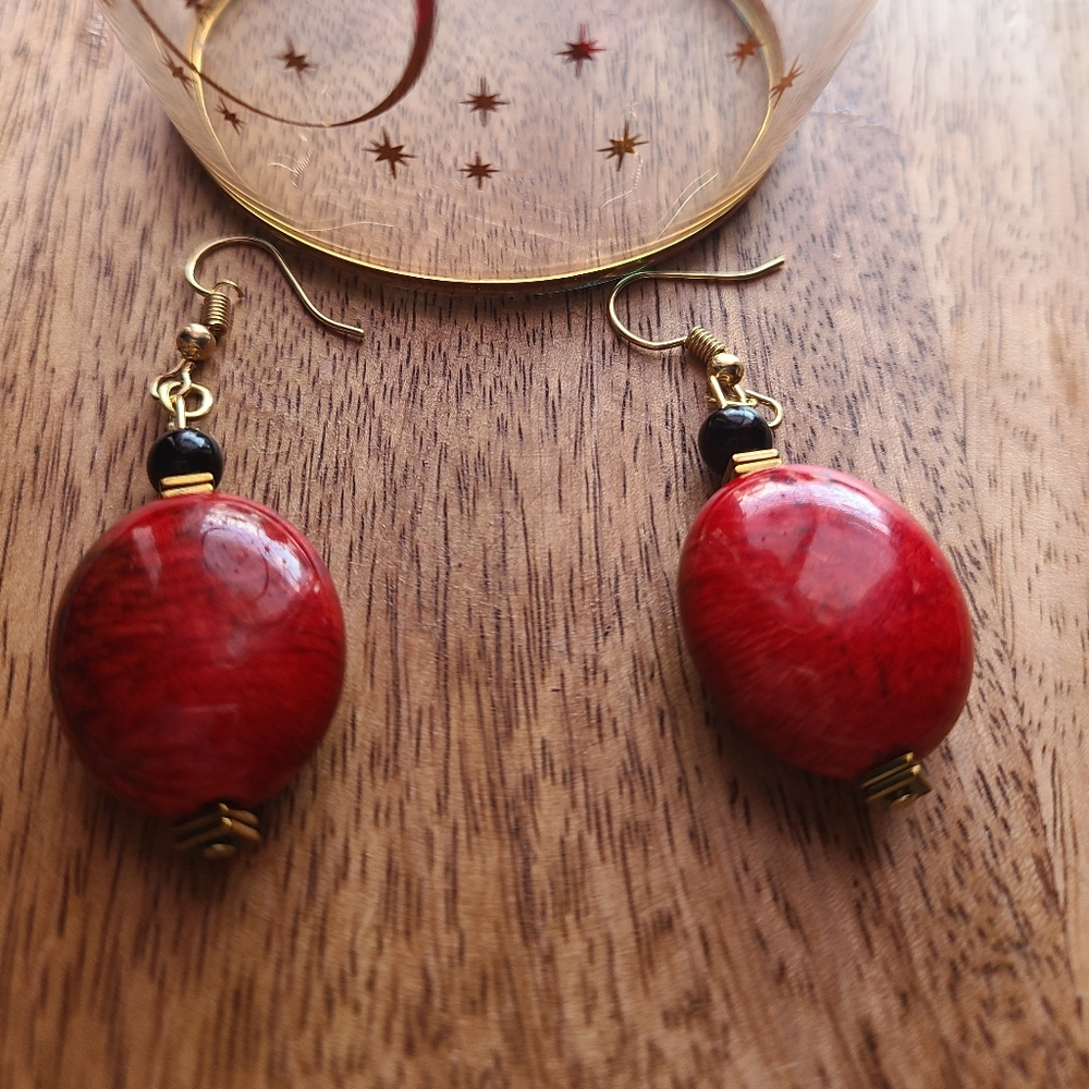 Handmade earrings red,black, and gold